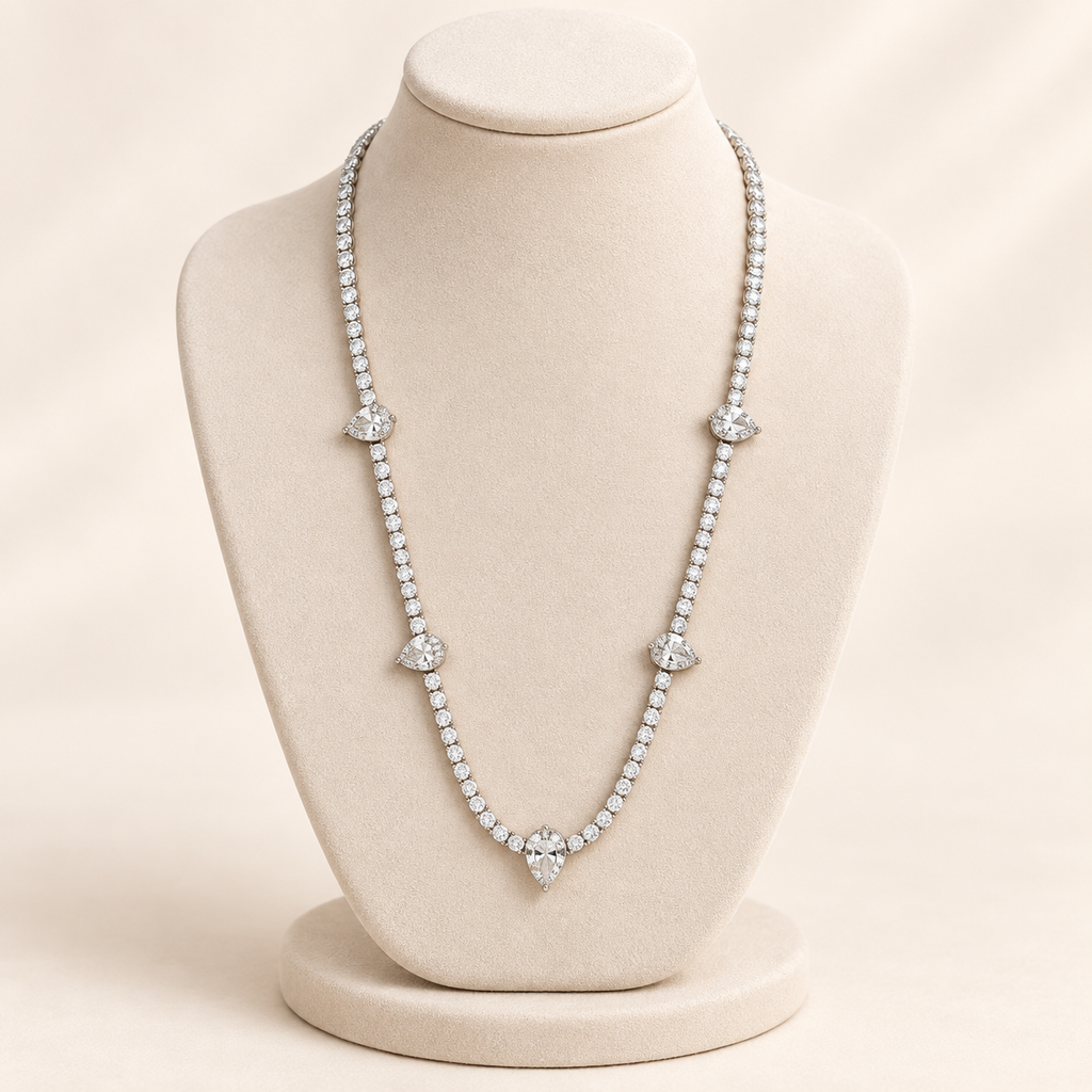 Pear Droplet Cascade Gold Tennis Necklace (MES100061)
