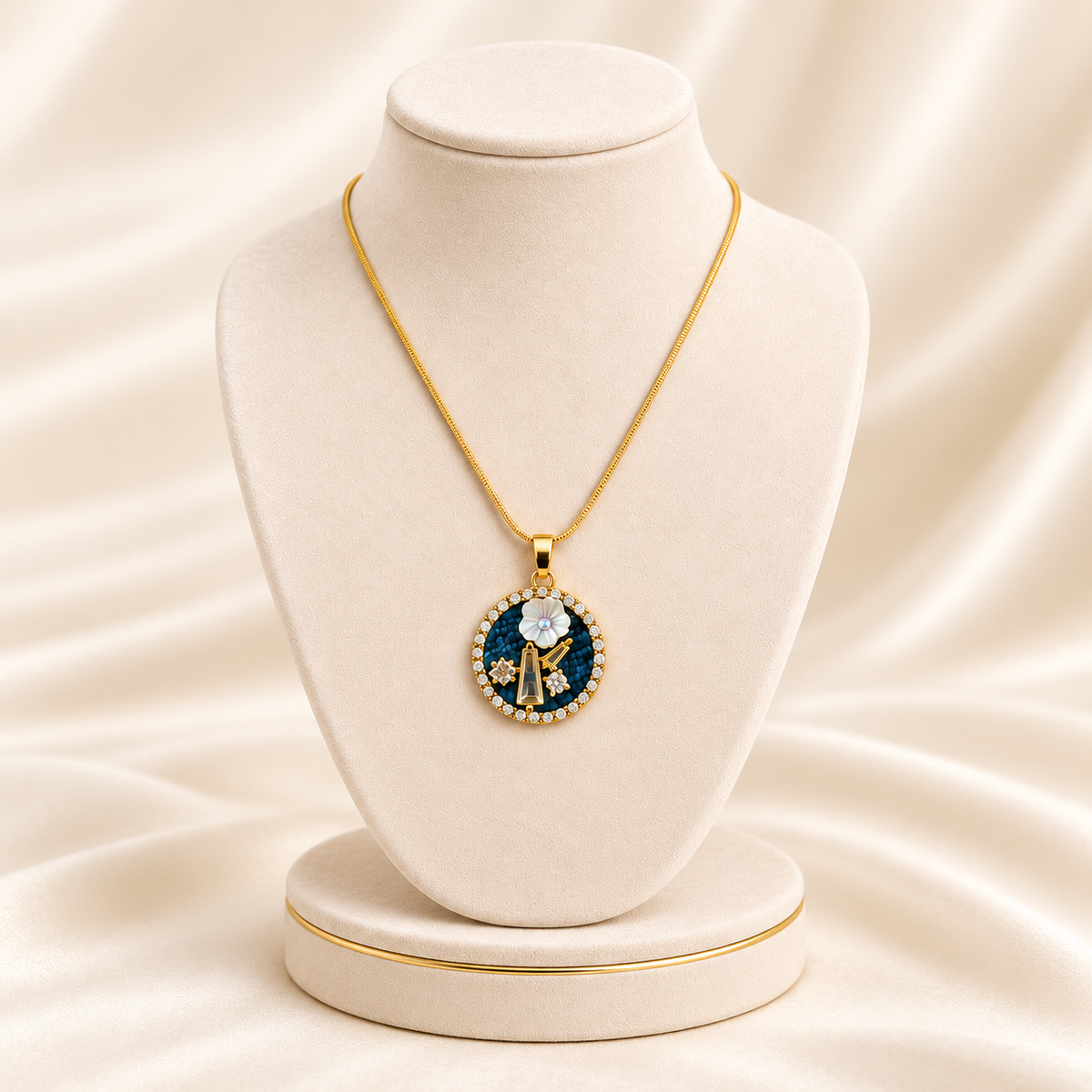 Blue Mosaic Mother of Pearl Gold Pendant Necklace (MES100062)