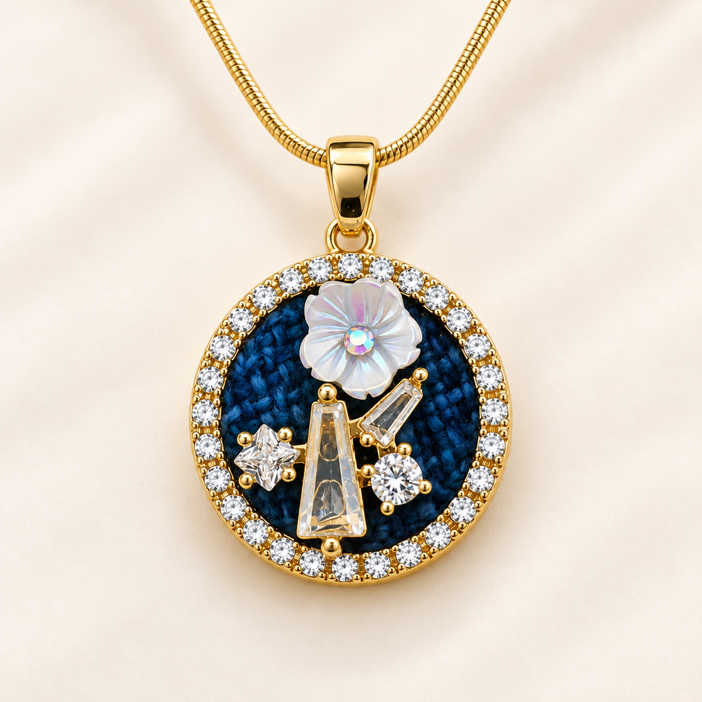 Blue Mosaic Mother of Pearl Gold Pendant Necklace (MES100062)