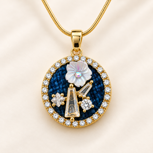 Blue Mosaic Mother of Pearl Gold Pendant Necklace (MES100062)