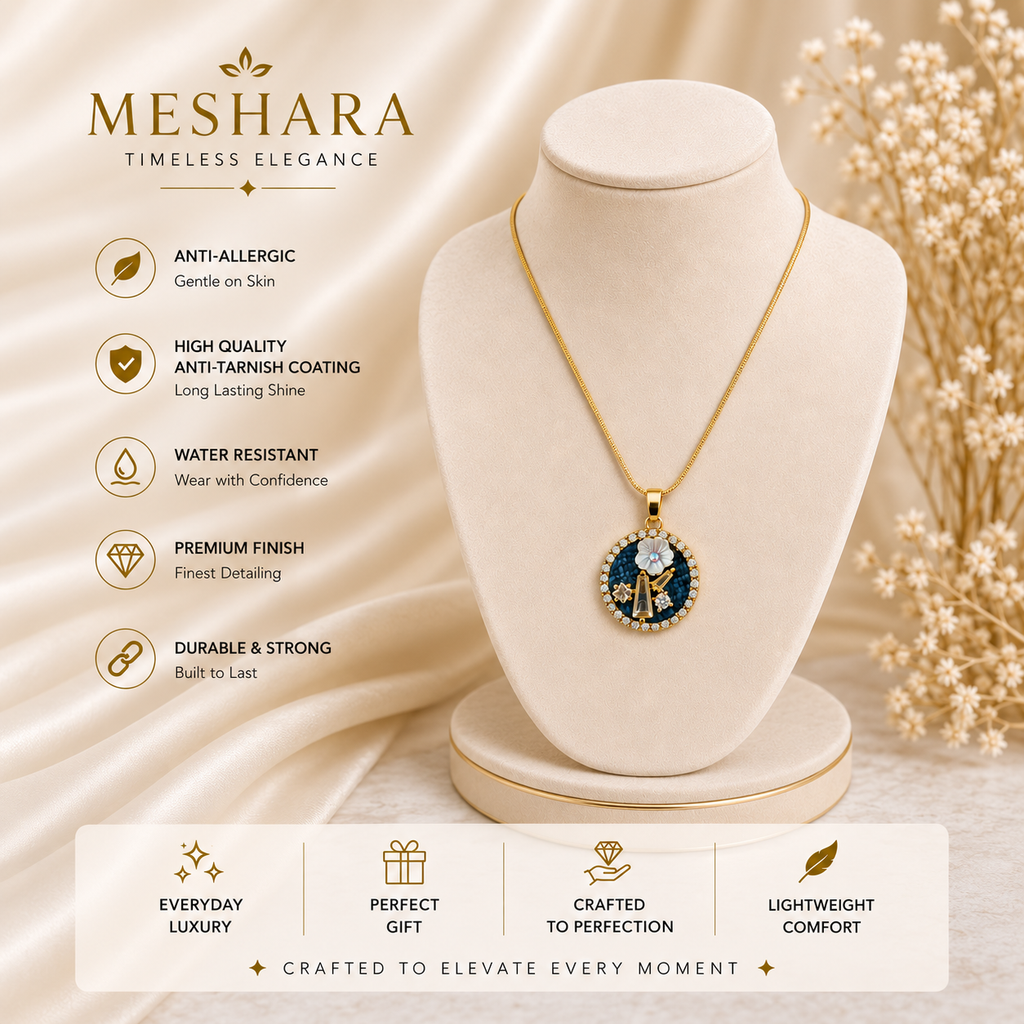Blue Mosaic Mother of Pearl Gold Pendant Necklace (MES100062)