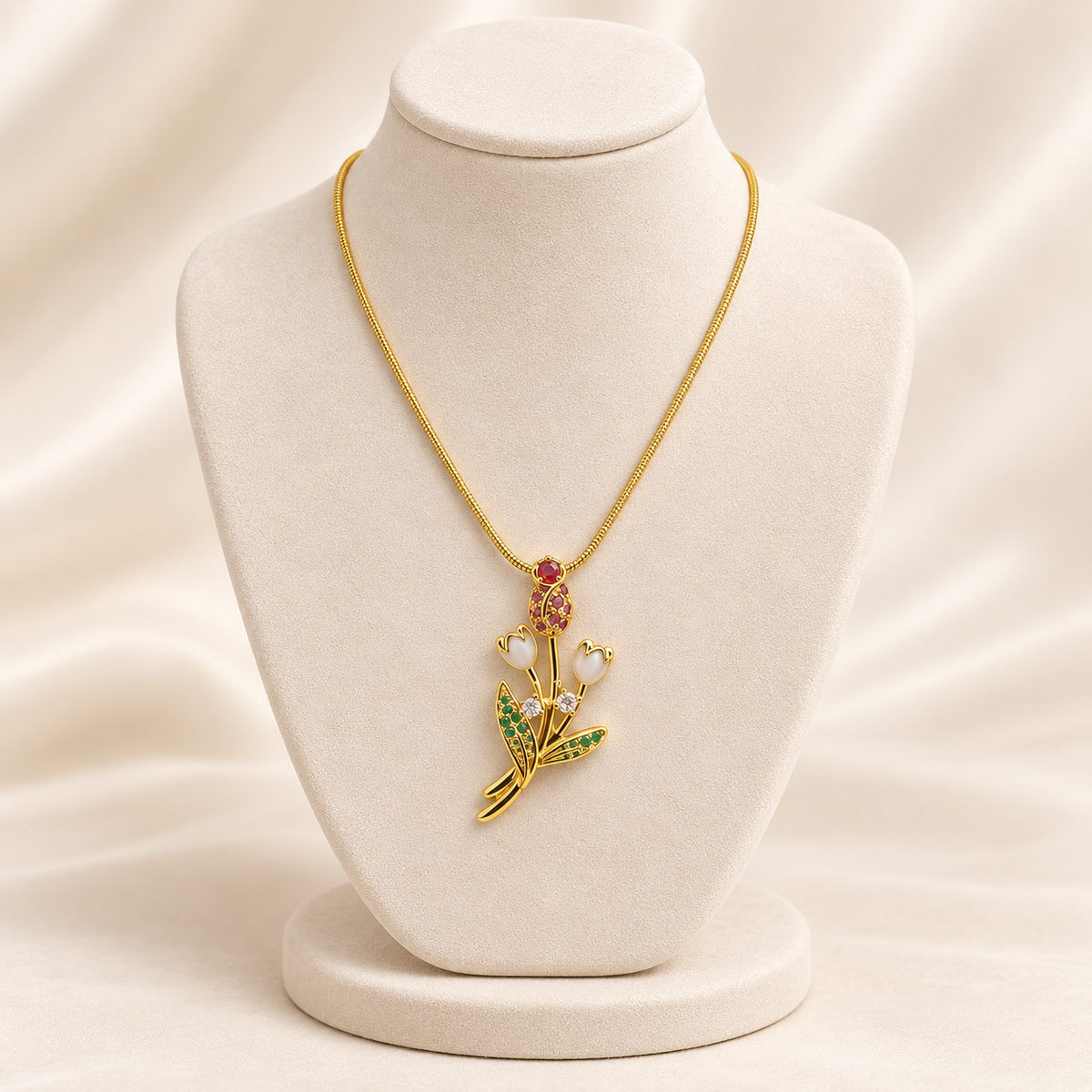 Ruby Red & Ivory Enamel Tulip Gold Necklace (MES100063)