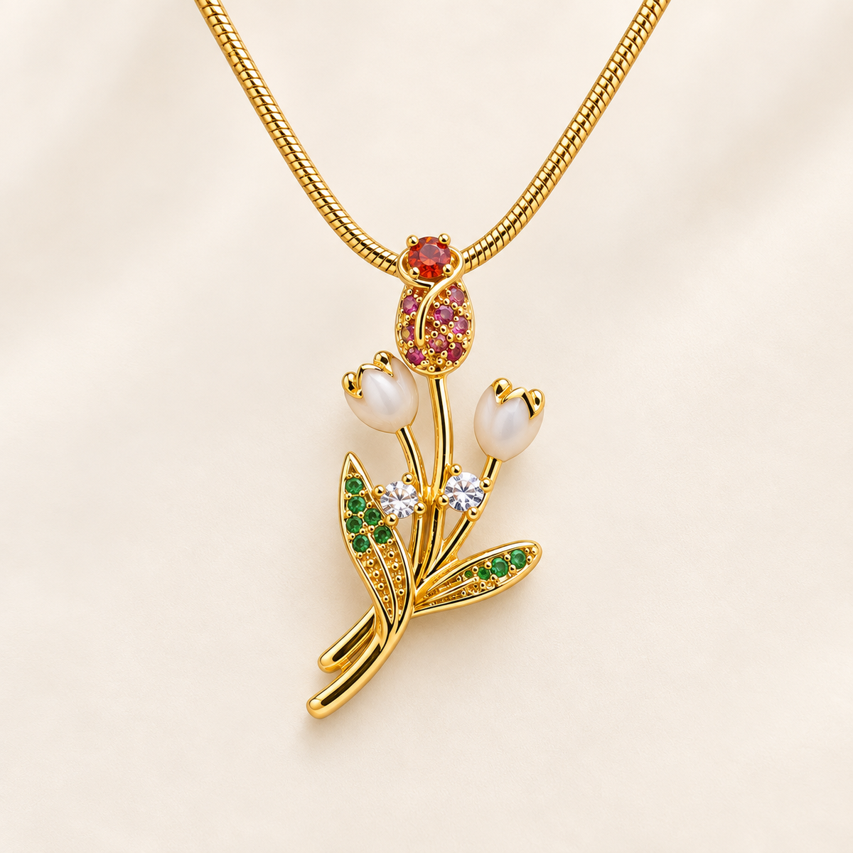 Ruby Red & Ivory Enamel Tulip Gold Necklace (MES100063)
