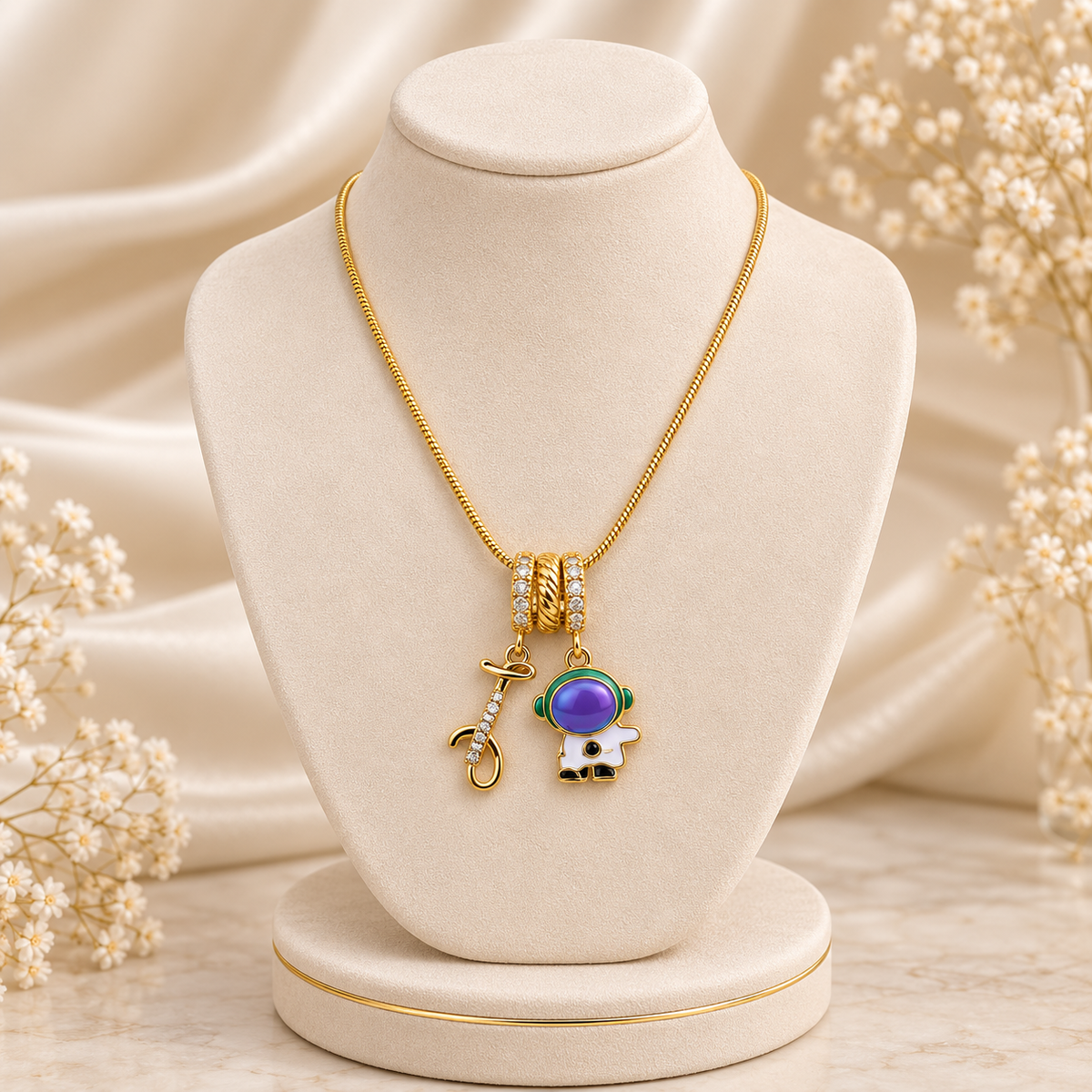 Purple Astronaut Charm Dual Gold Pendant Necklace (MES100064)