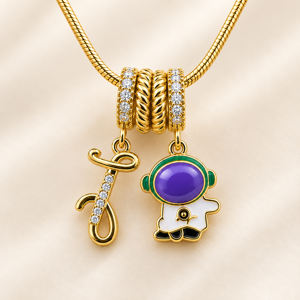 Purple Astronaut Charm Dual Gold Pendant Necklace (MES100064)