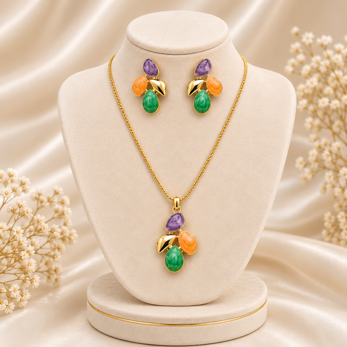 Tricolor Pebble Enamel Pendant & Earring Jewelry Set (MES100065)