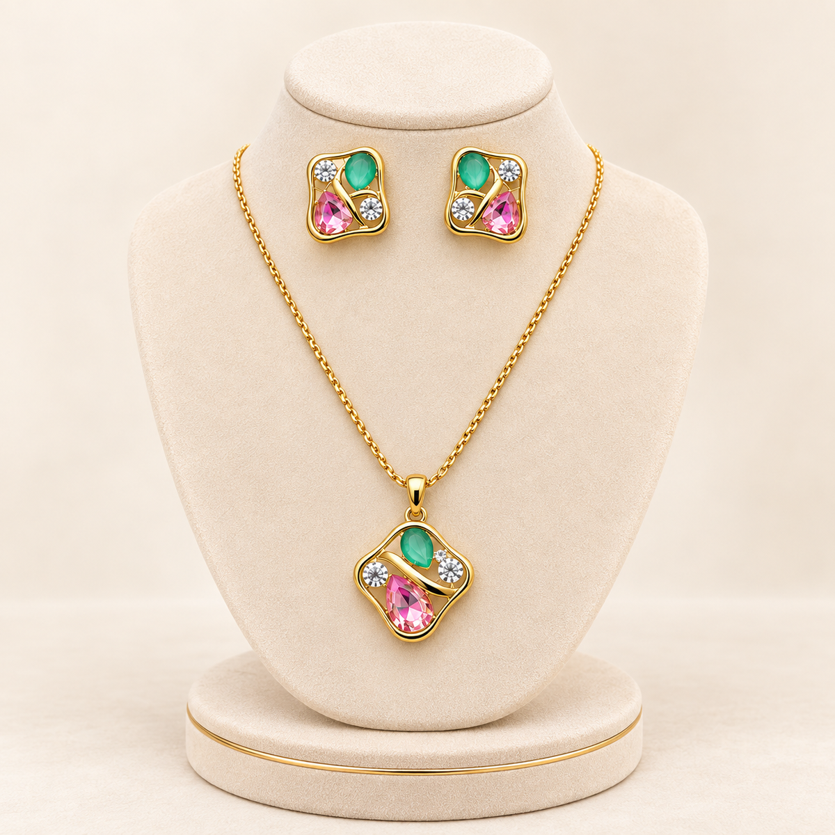 Pink & Mint Green Teardrop Gemstone Pendant & Earring Jewelry Set (MES100068)
