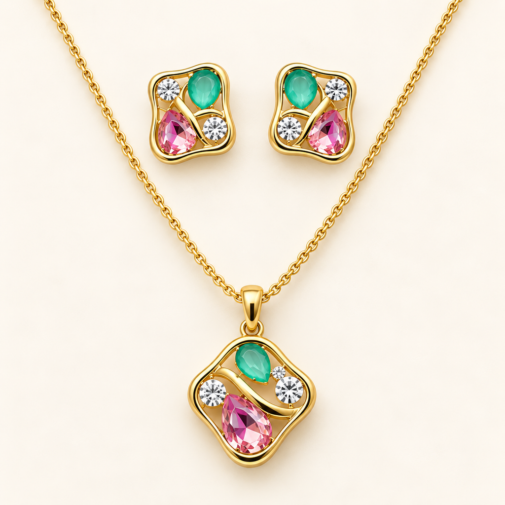 Pink & Mint Green Teardrop Gemstone Pendant & Earring Jewelry Set (MES100068)