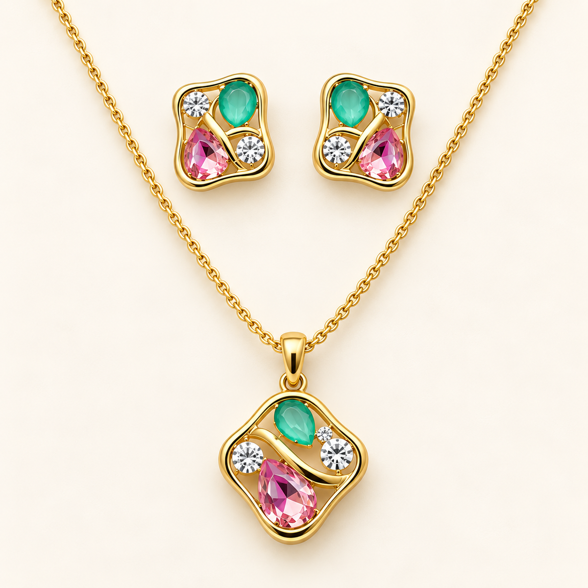Pink & Mint Green Teardrop Gemstone Pendant & Earring Jewelry Set (MES100068)