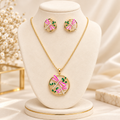 Magenta Dragonfly Enamel Circle Pendant & Earring Jewelry Set (MES100069)