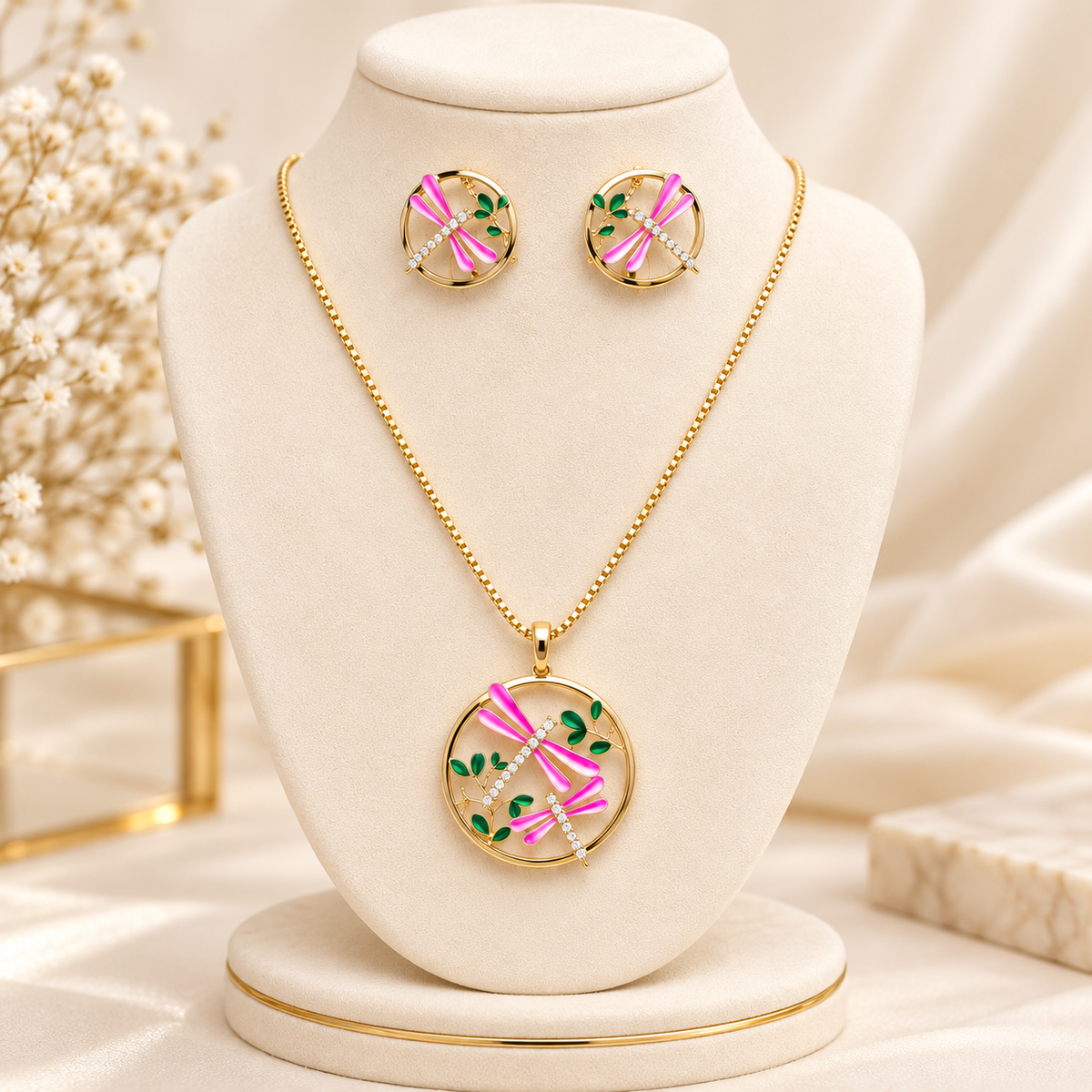 Magenta Dragonfly Enamel Circle Pendant & Earring Jewelry Set (MES100069)