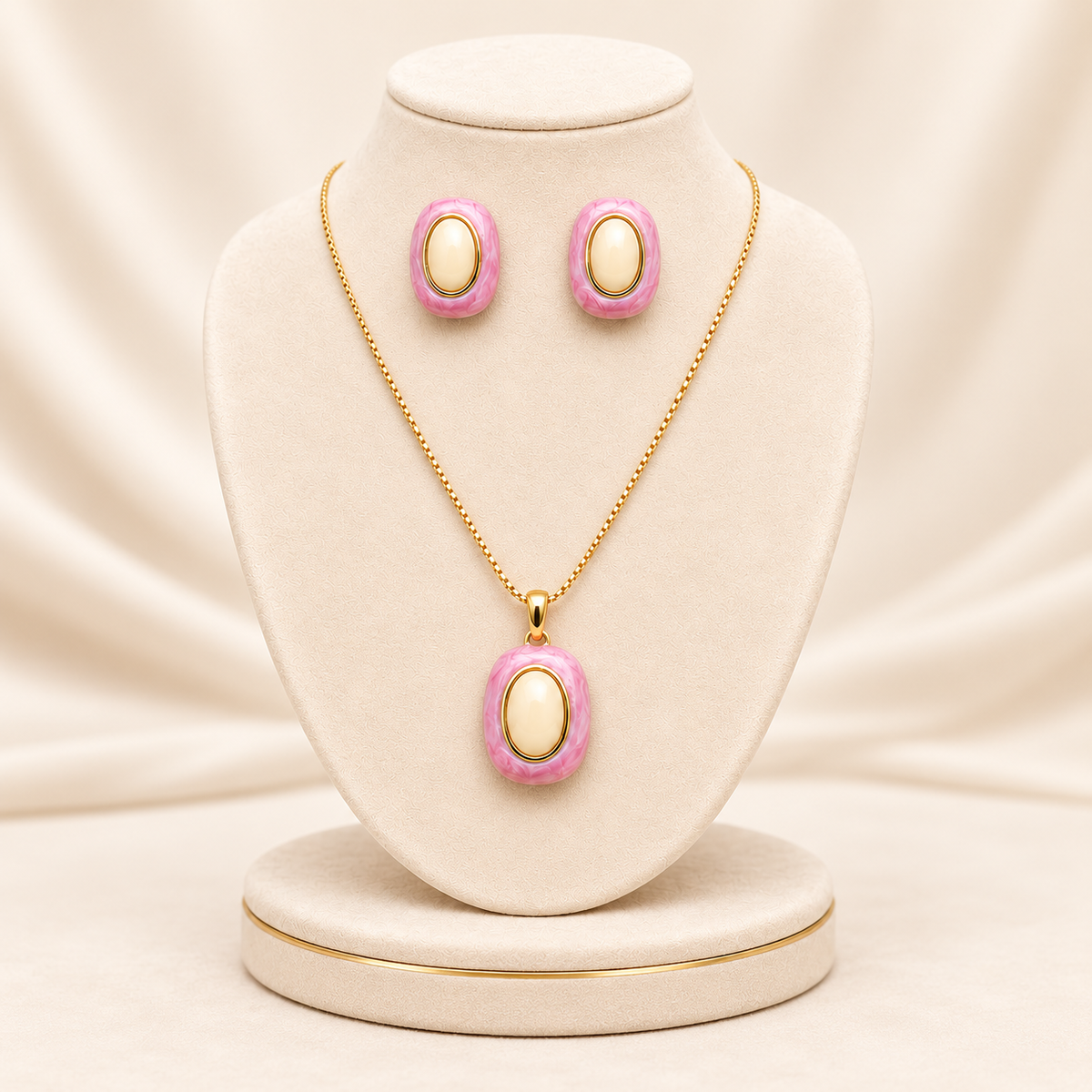 Pink Marble Enamel Oval Gemstone Pendant & Earring Jewelry Set (MES100070)