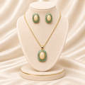Sage Green Marble Enamel Oval Pendant & Earring Jewelry Set (MES100071)