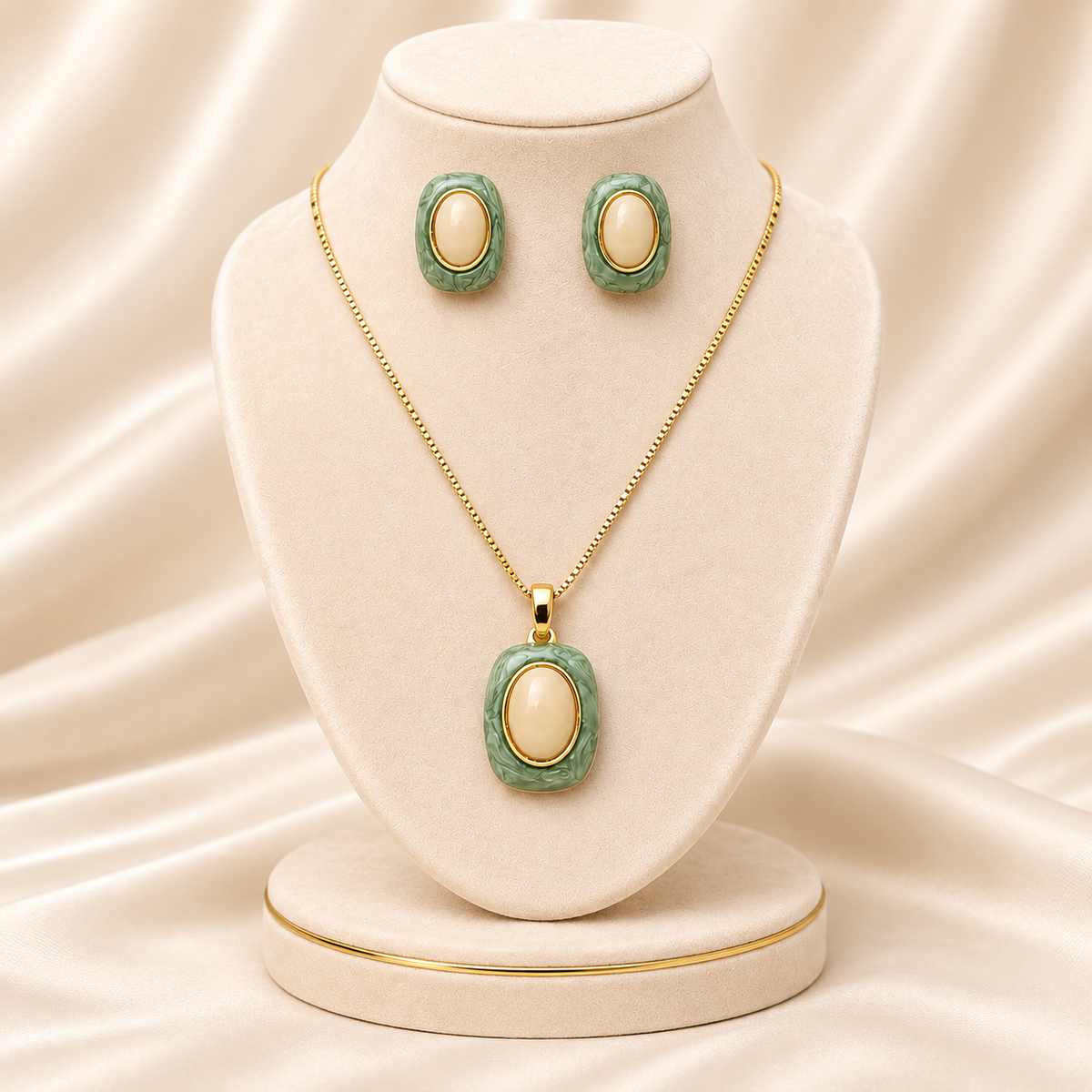 Sage Green Marble Enamel Oval Pendant & Earring Jewelry Set (MES100071)