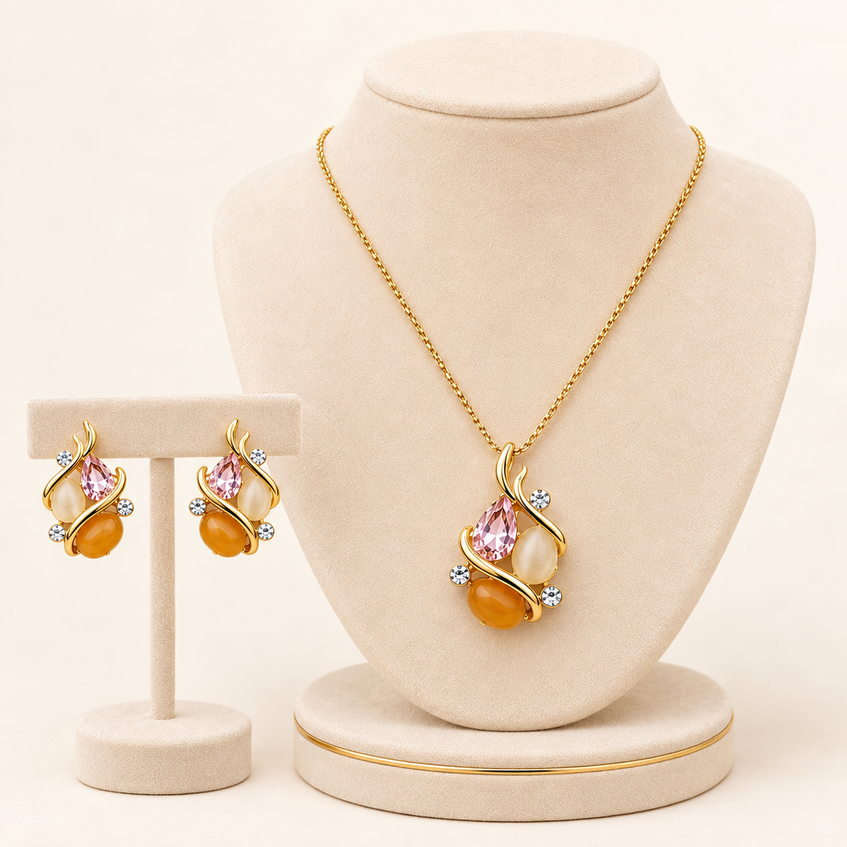 Peach Teardrop Crystal Fluid Swirl Pendant & Earring Jewelry Set (MES100072)