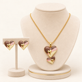 Textured Brown Heart Enamel Gold Pendant & Earring Jewelry Set (MES100073)