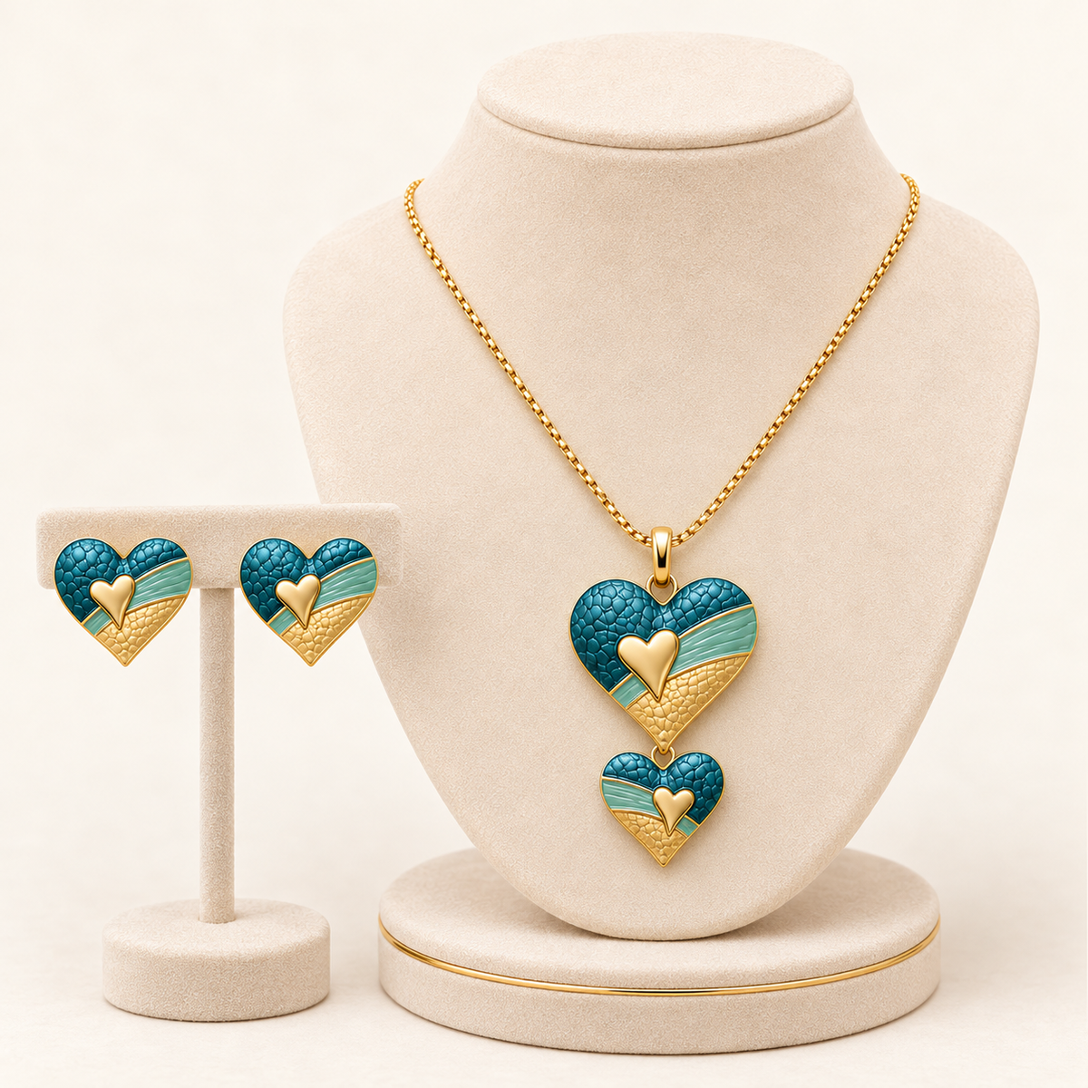 Textured Teal Heart Enamel Gold Pendant & Earring Jewelry Set (MES100074)
