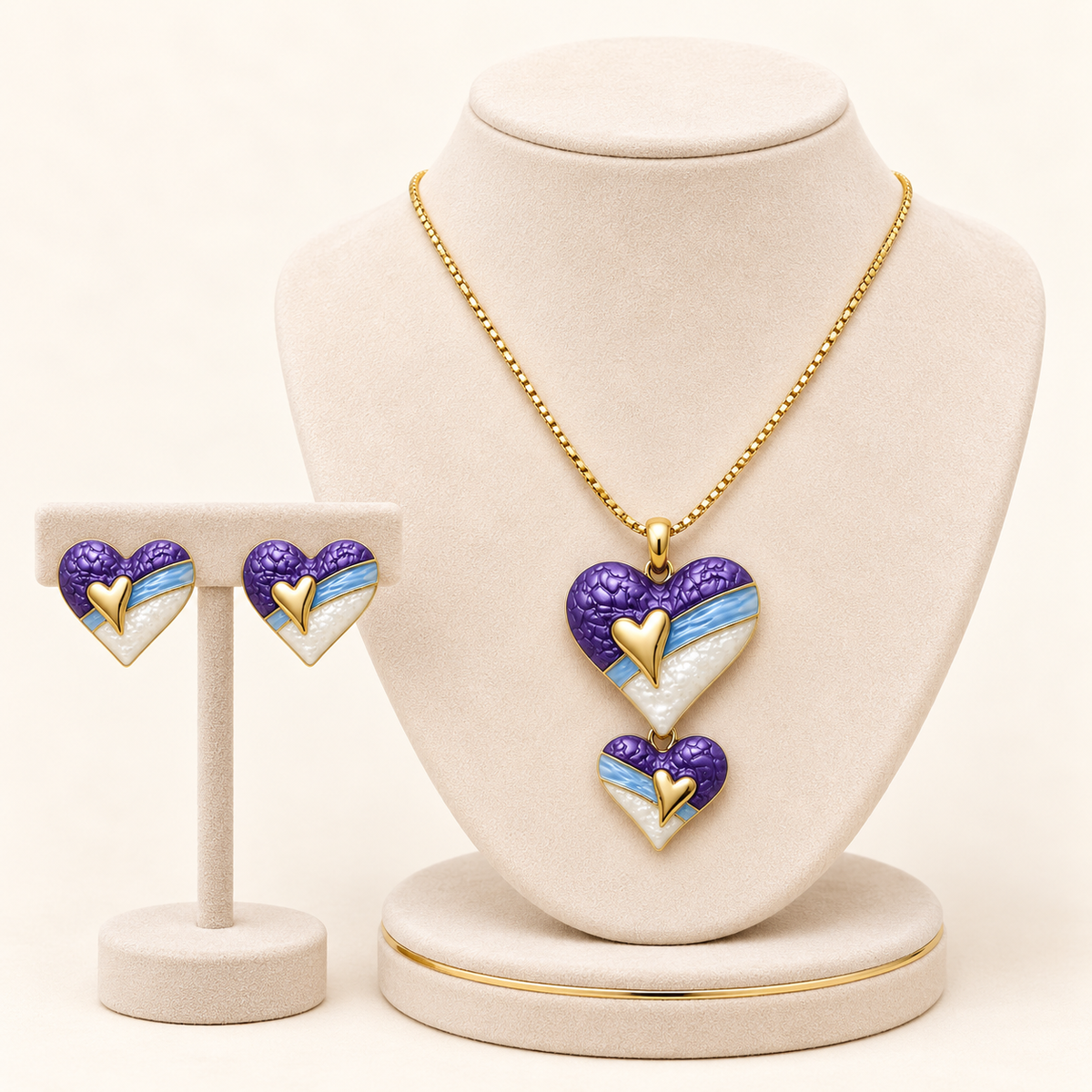 Textured Purple Heart Enamel Gold Pendant & Earring Jewelry Set (MES100075)