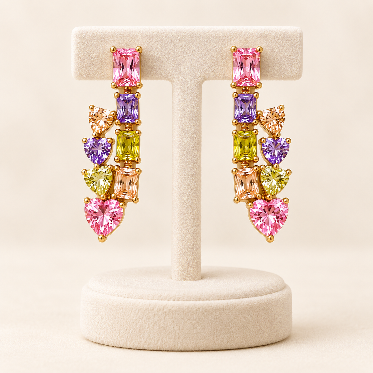 Pastel Multi Cut Crystal Cascade Gold Drop Earrings (MES100076)