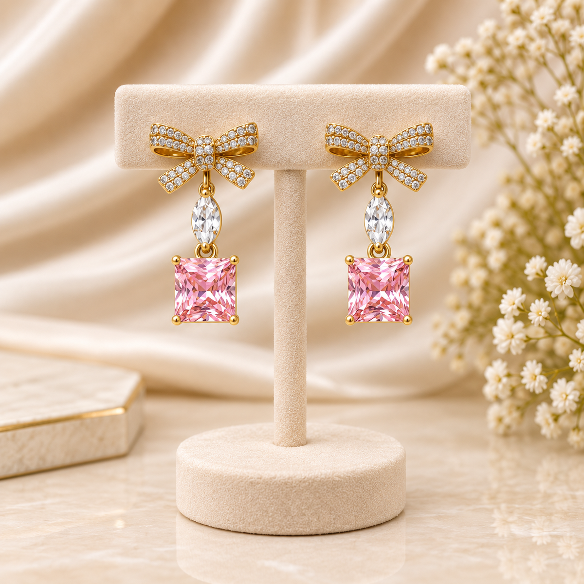 Pink Square Cut Crystal Bow Dangle Earrings (MES100077)