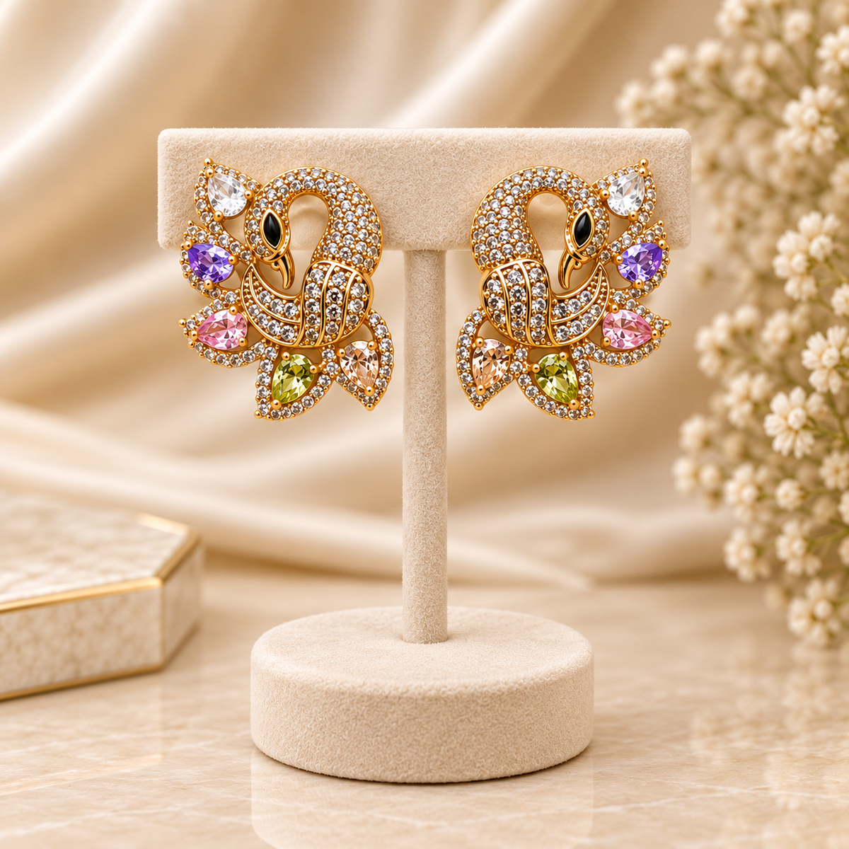 Multicolored Pave Peacock Gemstone Stud Earrings (MES100078)