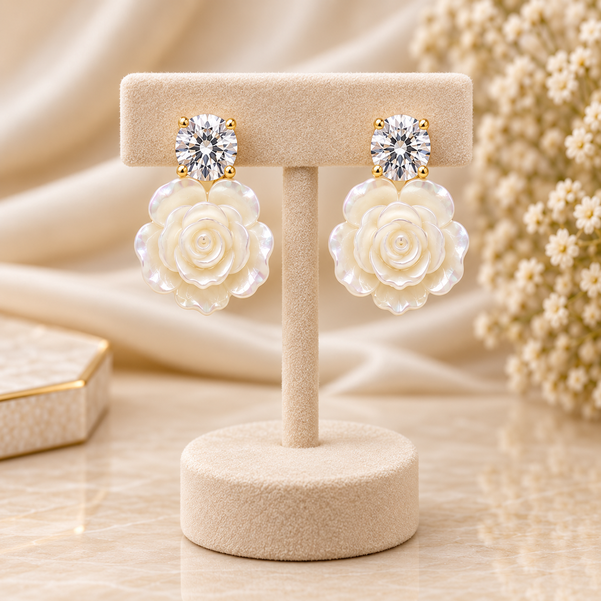 Carved White Rose Mother of Pearl Solitaire Earrings (MES100079)