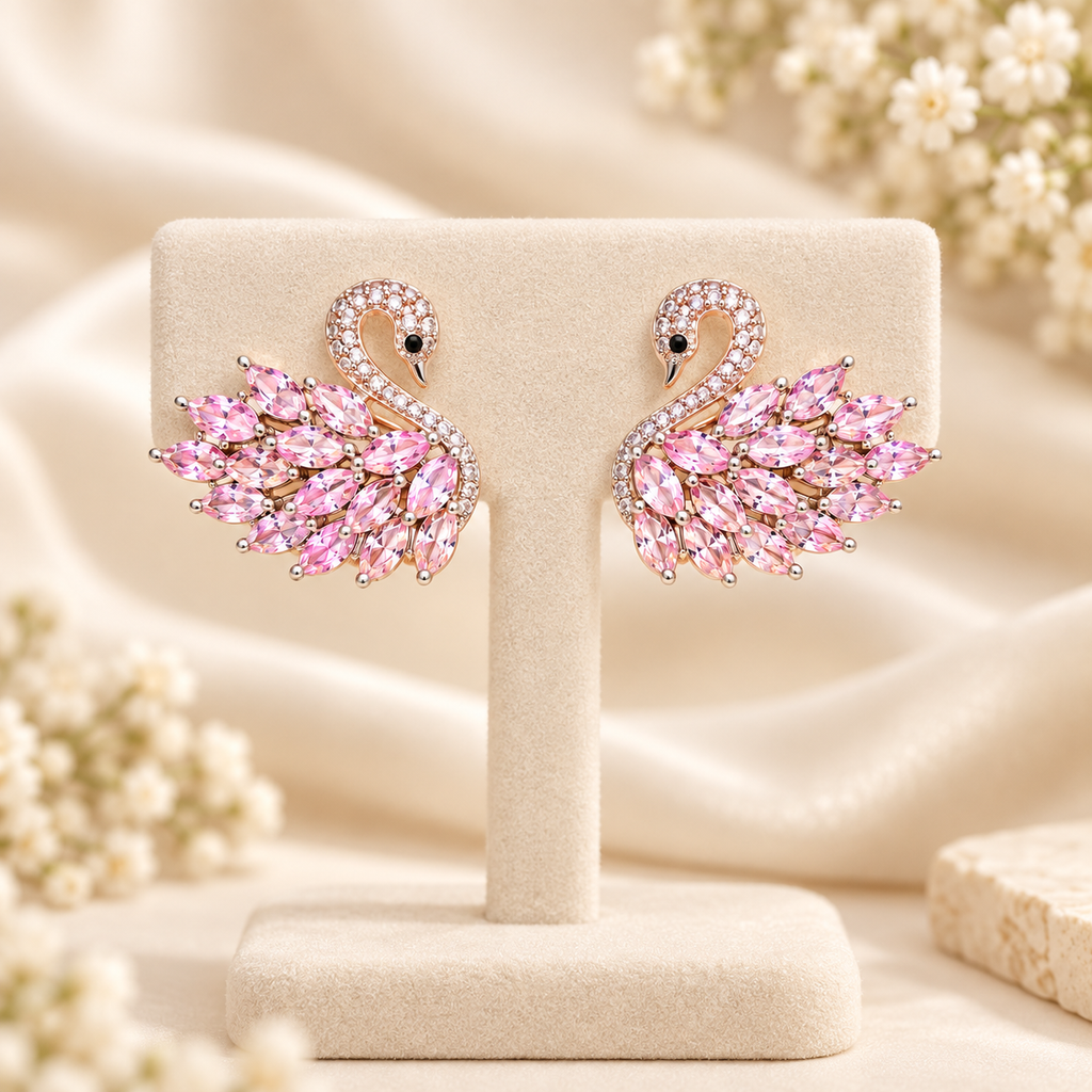 Pink Marquise Crystal Feather Swan Stud Silver Earrings (MES100080)