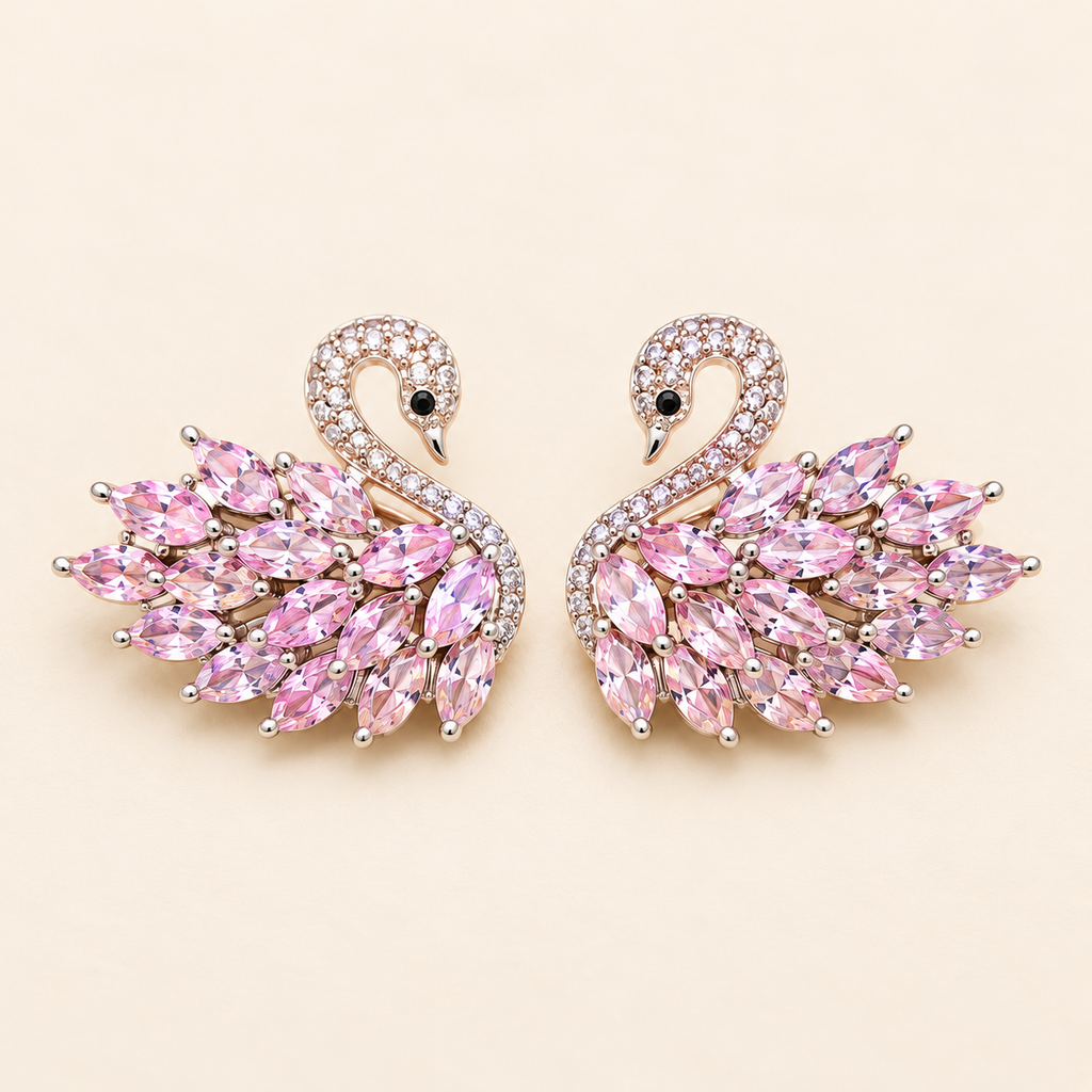 Pink Marquise Crystal Feather Swan Stud Silver Earrings (MES100080)