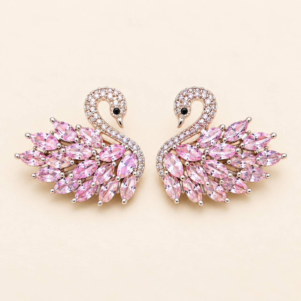 Pink Marquise Crystal Feather Swan Stud Silver Earrings (MES100080)