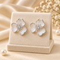 Pearl White Enamel Floral Crystal Stud Earrings (MES100082)