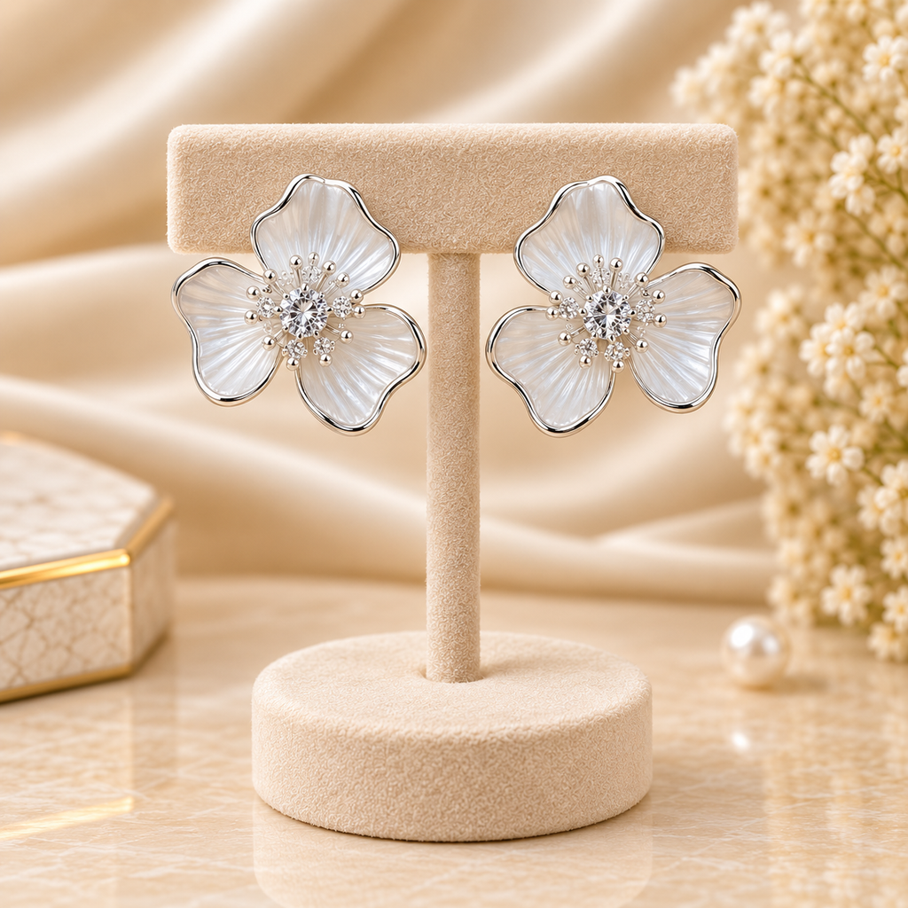 Pearl White Enamel Floral Crystal Stud Earrings (MES100082)