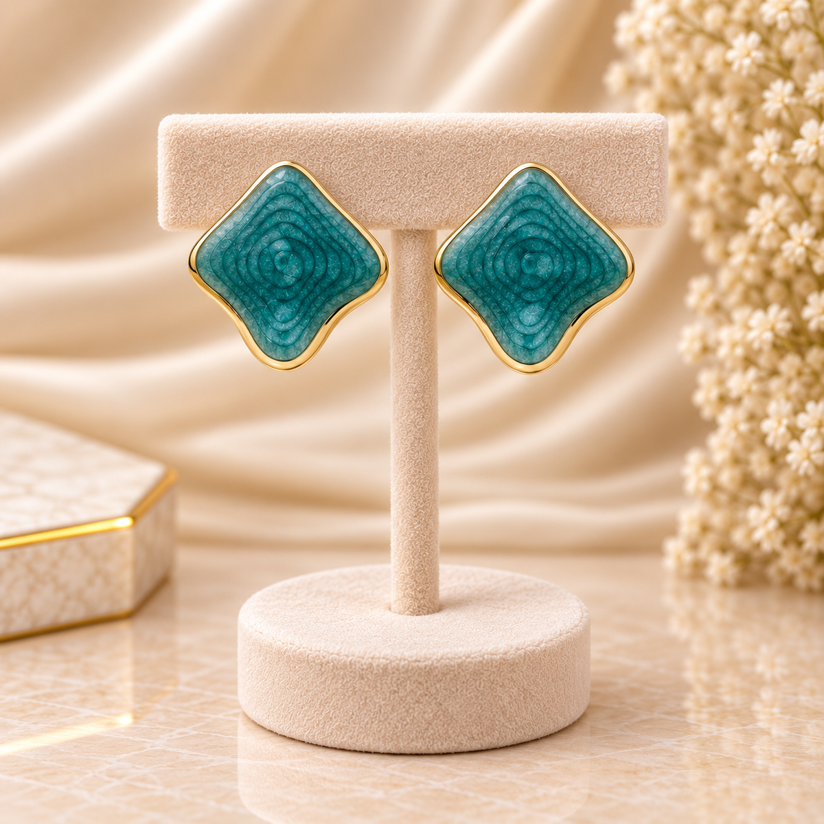 Teal Green Textured Enamel Diamond Gold Stud Earrings (MES100083)