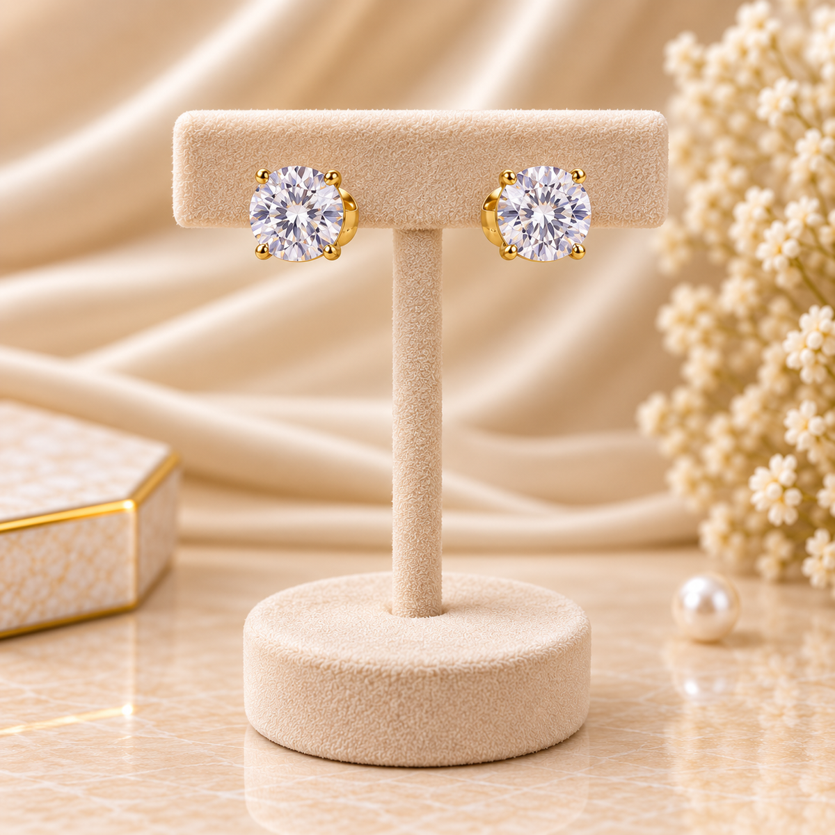 Classic Solitaire Round Cubic Zirconia Gold Stud Earrings (MES100085)