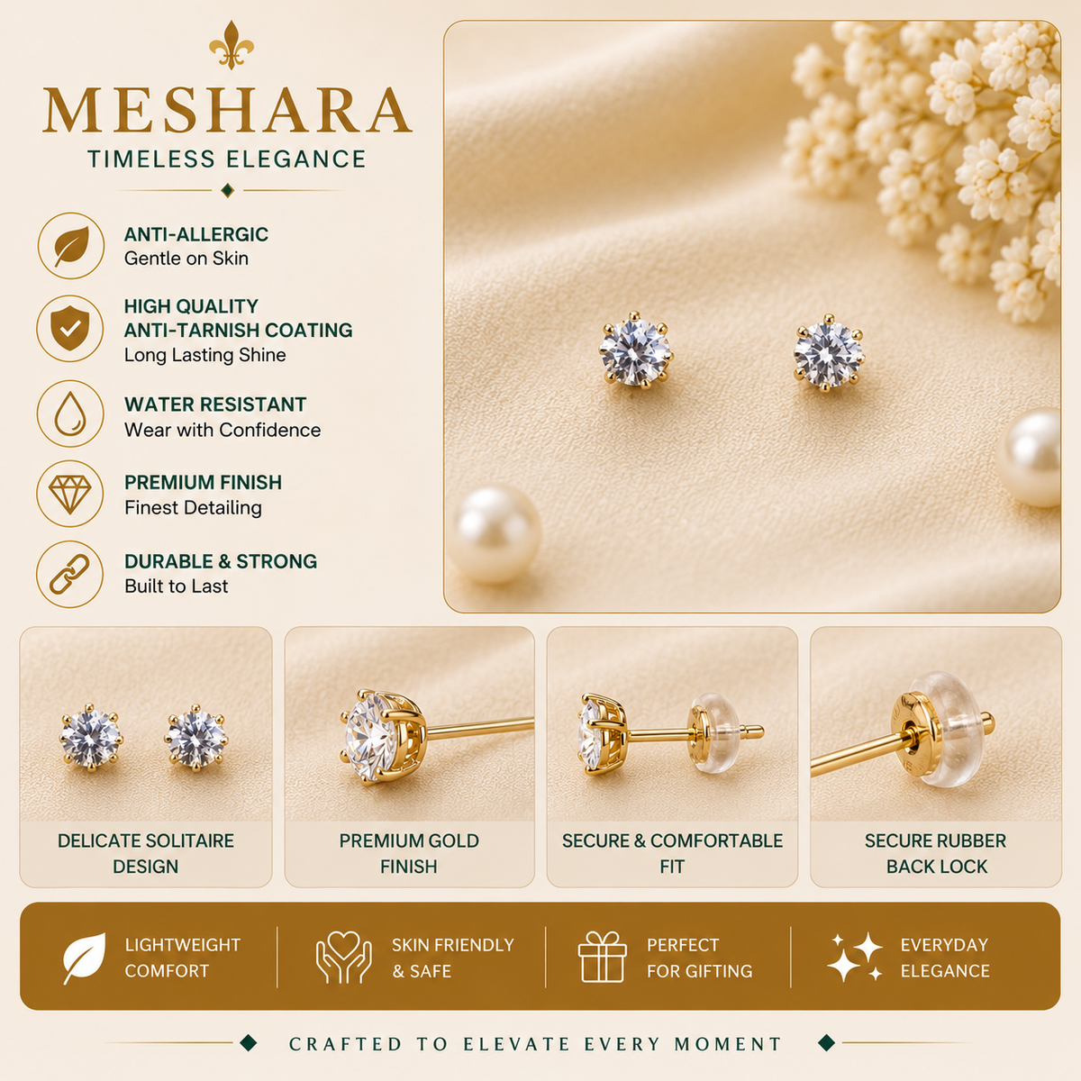 Brilliant Round Crystal Solitaire Gold Stud Earrings (MES100086)