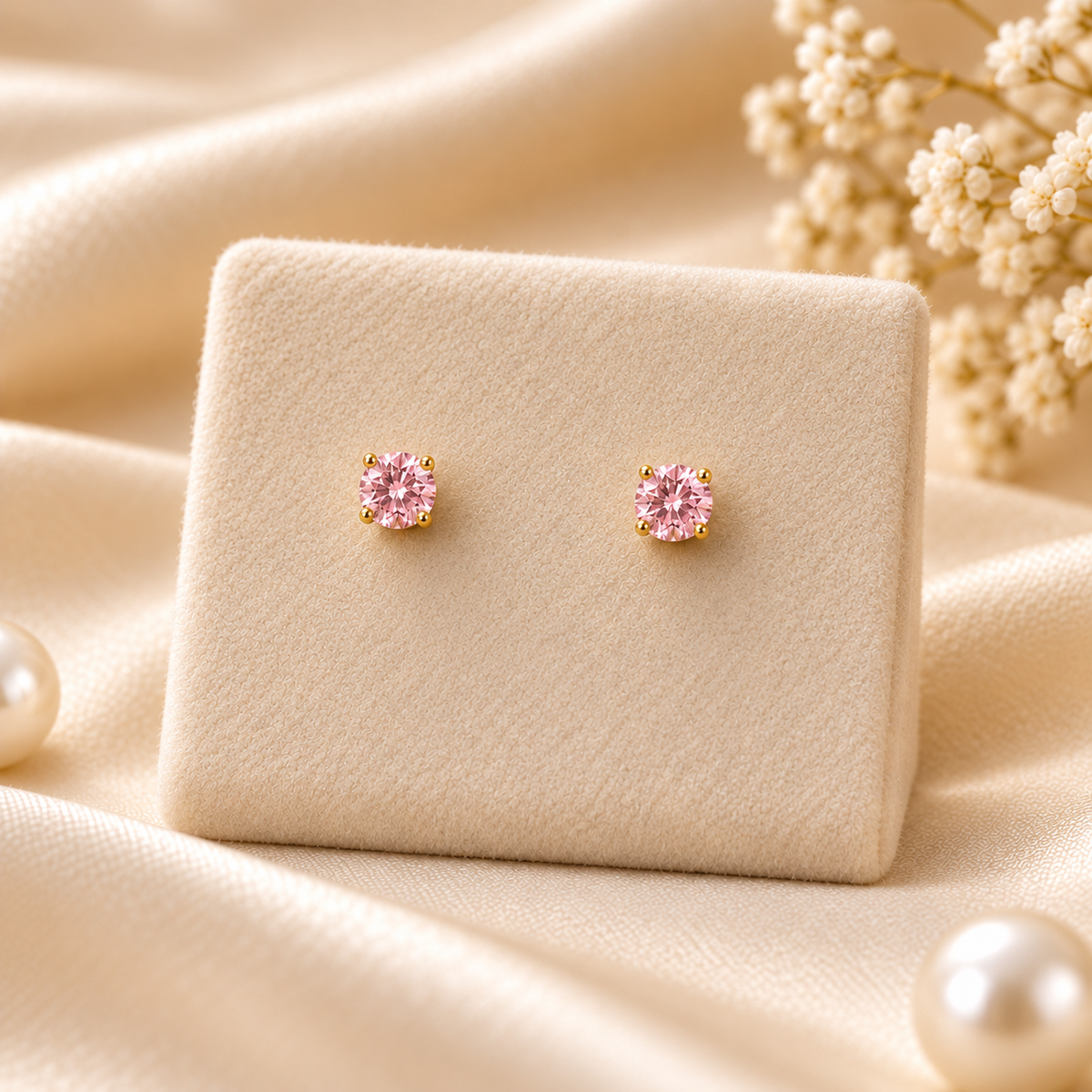Blush Pink Solitaire Round Crystal Gold Stud Earrings (MES100087)