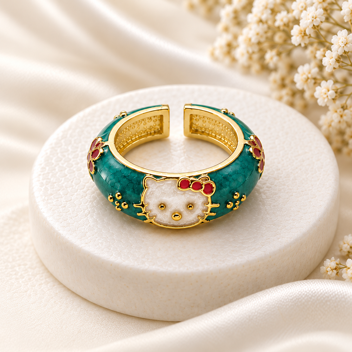 Emerald Green Hello Kitty Enamel Adjustable Gold Ring (MES100089)