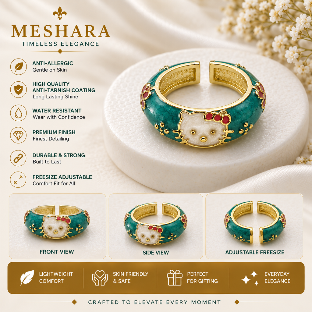 Emerald Green Hello Kitty Enamel Adjustable Gold Ring (MES100089)