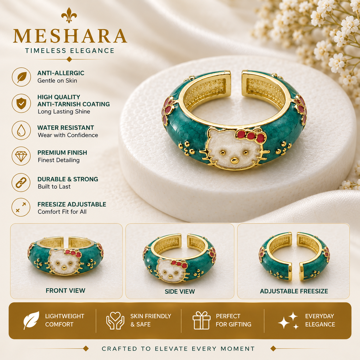 Emerald Green Hello Kitty Enamel Adjustable Gold Ring (MES100089)