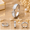 White Enamel Pave Initial H Silver Adjustable Ring (MES100091)