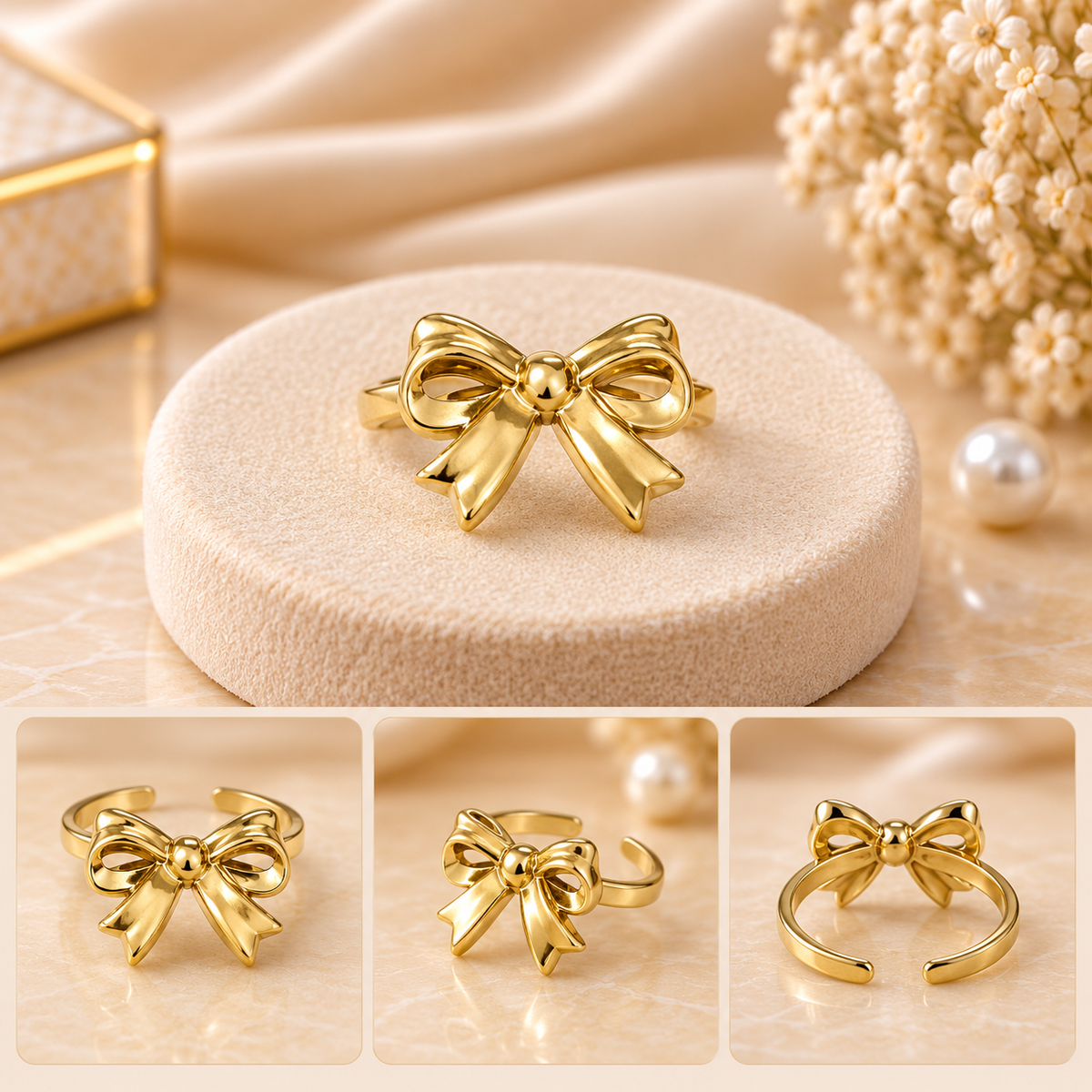 Polished Ribbon Bow Gold Adjustable Statement Ring (Freesize) (MES100092)