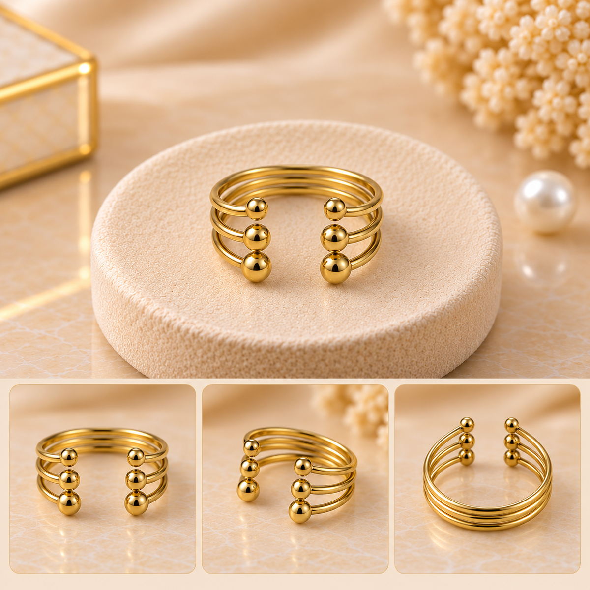Triple Band Sphere Cuff Gold Adjustable Ring (MES100094)