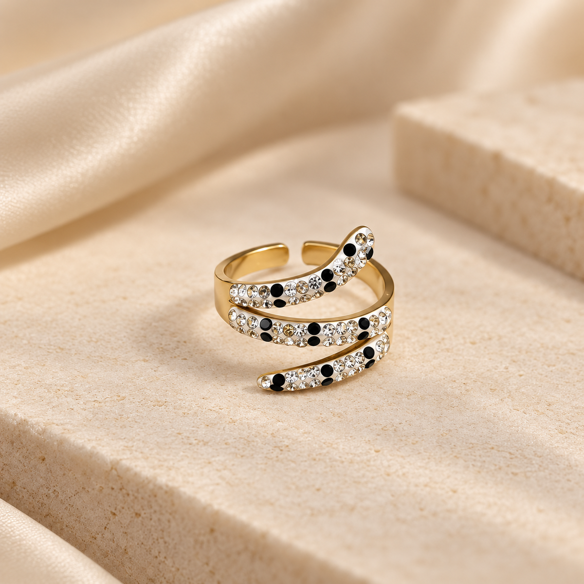 Spiral Snake Pave Crystal Gold Adjustable Ring (MES100096)
