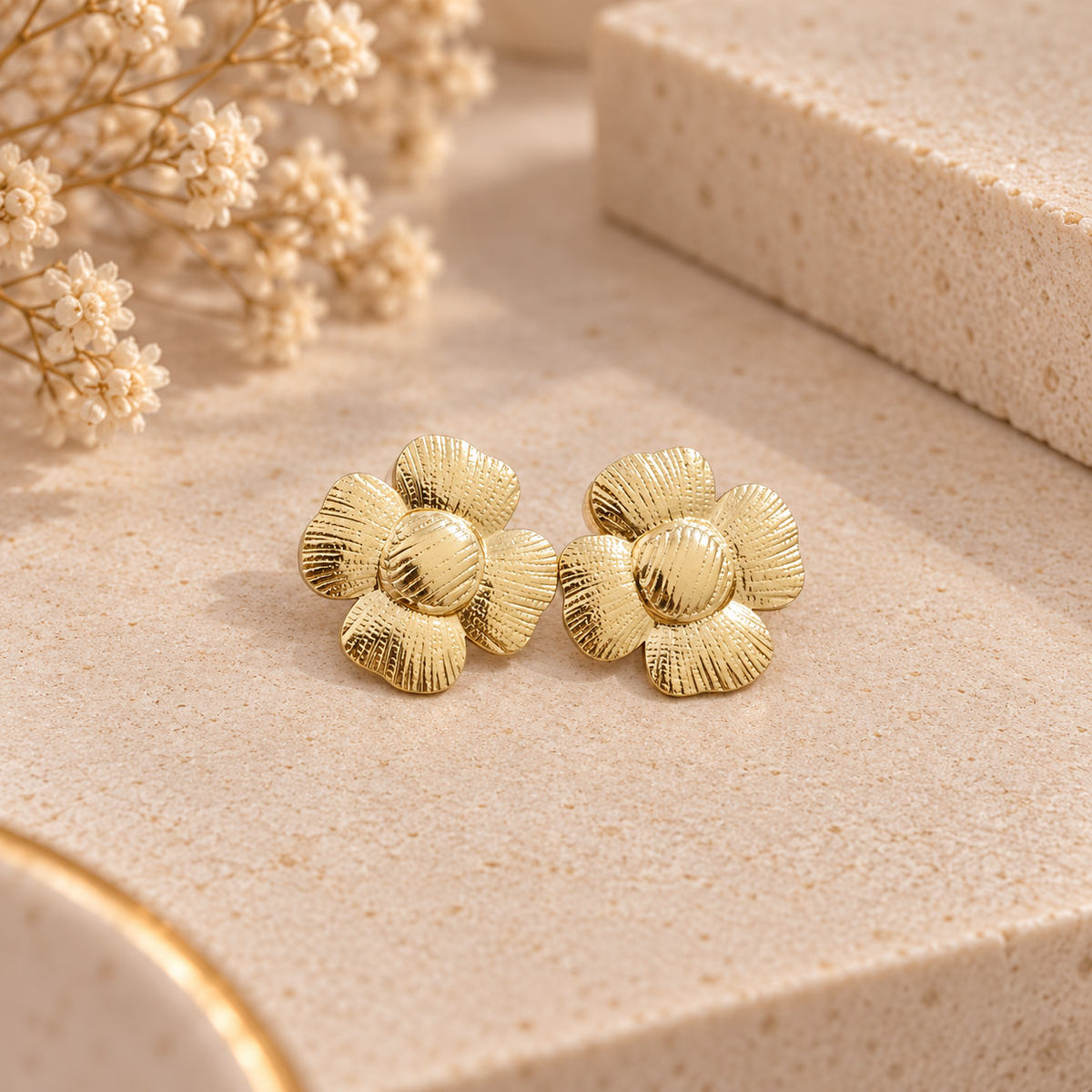 Textured Petal Floral Gold Stud Earrings (MES100099)